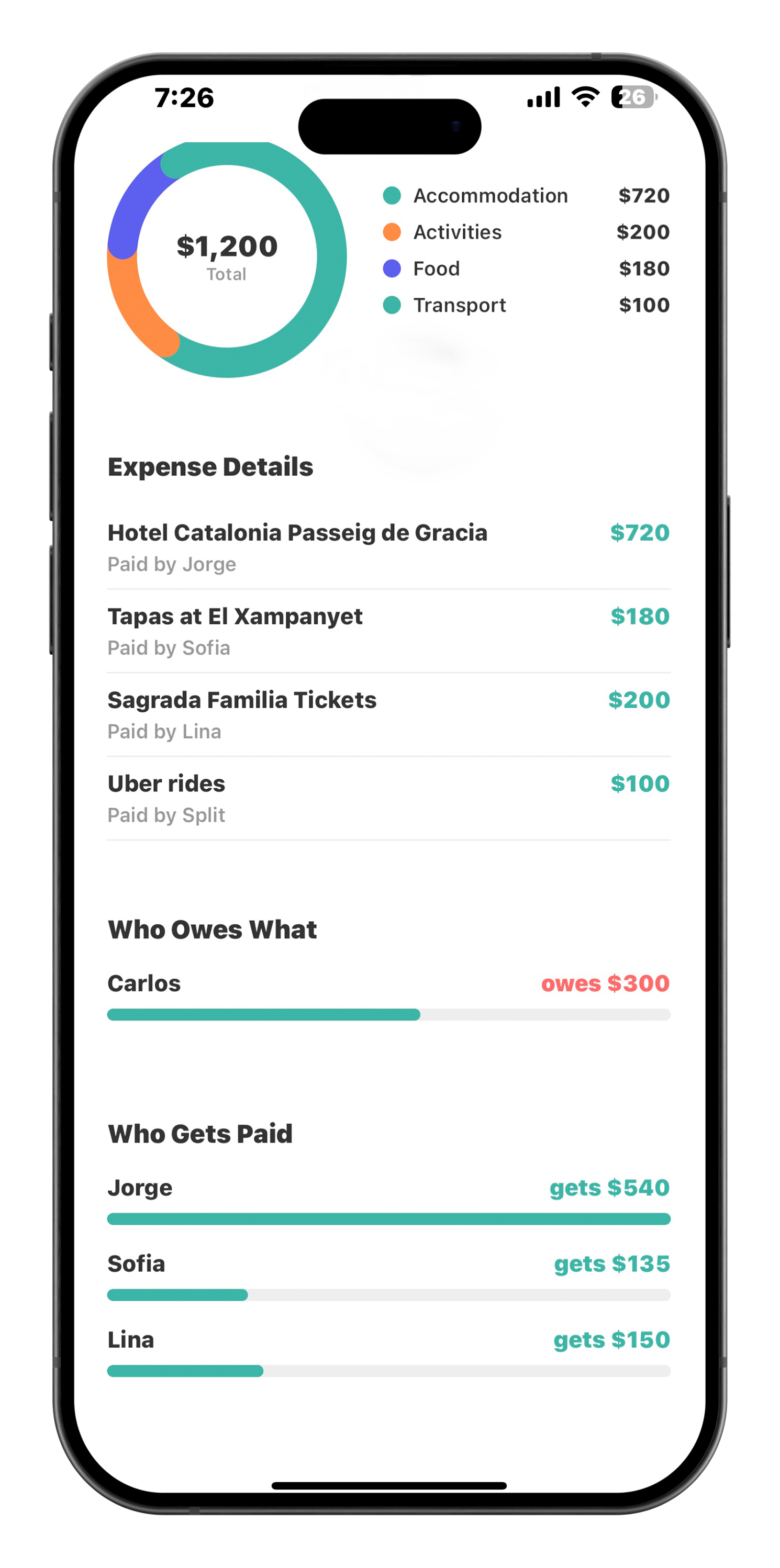 Barcelona expenses settlement showing who owes what and who gets paid with final payment calculations for the group